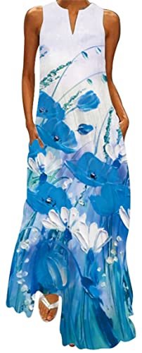 Ocean Plus Damen Ärmelloser Langer Rock V-Ausschnitt Bedrucktes Blumenkleid Ärmelloses Maxikleid mit V-Ausschnitt (XXL, Blaue und weiße Ölmalerei Blumen) von Ocean Plus