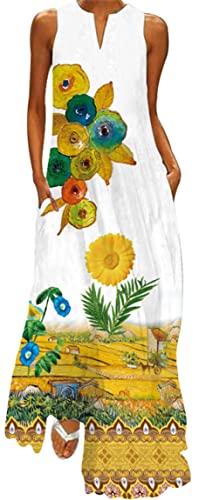 Ocean Plus Damen Ärmelloser Langer Rock V-Ausschnitt Bedrucktes Blumenkleid Ärmelloses Maxikleid mit V-Ausschnitt (XXL, Sonnenblumen auf dem Bauernhof) von Ocean Plus