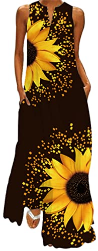 Ocean Plus Damen Ärmelloser Langer Rock V-Ausschnitt Bedrucktes Blumenkleid Ärmelloses Maxikleid mit V-Ausschnitt (XXL, Zwei Sonnenblumen) von Ocean Plus