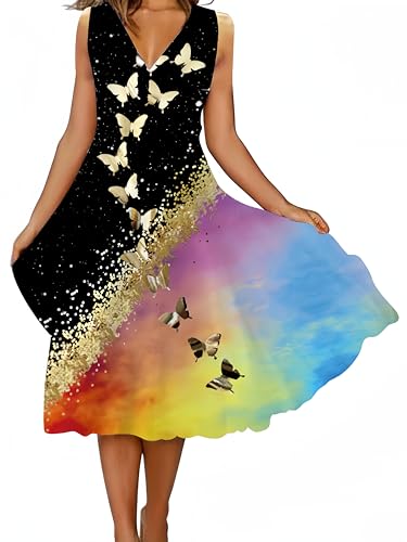 Ocean Plus Damen Ärmelloses Kleid Casual Blumendruck Schaukelkleid Bohemian Strandkleid (S, Bunte goldene Schmetterlinge) von Ocean Plus