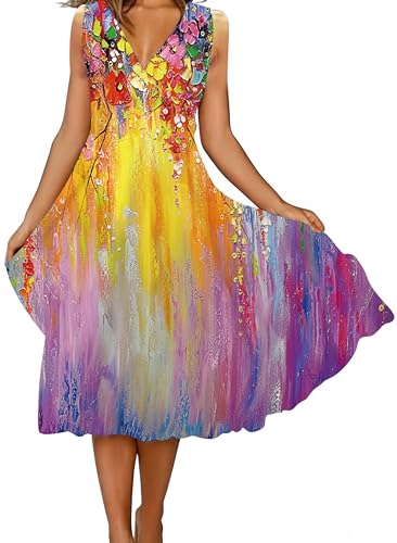 Ocean Plus Damen Ärmelloses Kleid Casual Blumendruck Schaukelkleid Bohemian Strandkleid (XXL, Regenbogenfarben) von Ocean Plus