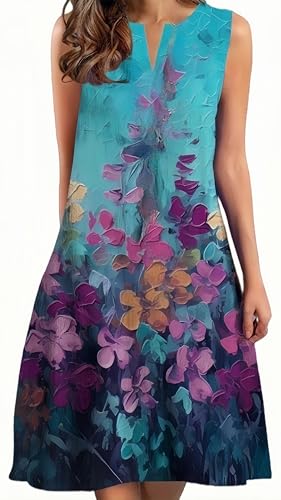 Ocean Plus Damen Ärmelloses Midikleid mit V-Ausschnitt Mehrfarbiges Bohemian Strandkleid (L, Blau-Violettes Ölgemälde Blumen) von Ocean Plus