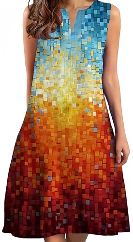 Ocean Plus Damen Ärmelloses Midikleid mit V-Ausschnitt Mehrfarbiges Bohemian Strandkleid (M, Blau-Orange-Rot-Malerei) von Ocean Plus