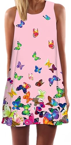 Ocean Plus Damen Ärmelloses Minikleid Digitaldruck Strandkleid Sommerkleid Tank Tops Rundhals Kurz A-Line Hemdkleid Blusekleid (L (EU 38-40), Bunte Schmetterling auf Rosa) von Ocean Plus