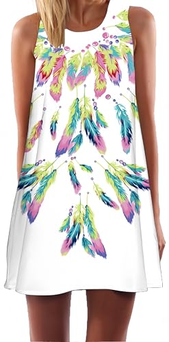 Ocean Plus Damen Ärmelloses Minikleid Digitaldruck Strandkleid Sommerkleid Tank Tops Rundhals Kurz A-Line Hemdkleid Blusekleid (L (EU 38-40), Mehrfarbige Federn) von Ocean Plus