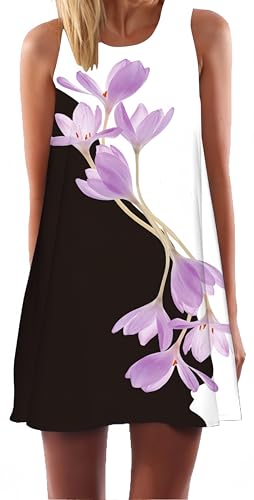 Ocean Plus Damen Ärmelloses Minikleid Digitaldruck Strandkleid Sommerkleid Tank Tops Rundhals Kurz A-Line Hemdkleid Blusekleid (M (EU 36-38), Hellviolette Röschen) von Ocean Plus