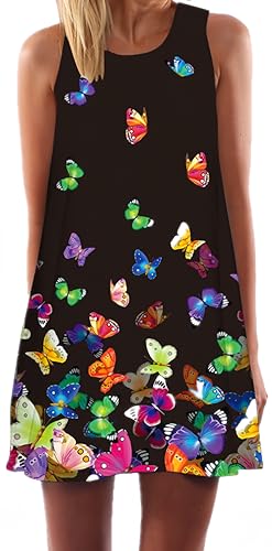 Ocean Plus Damen Ärmelloses Minikleid Digitaldruck Strandkleid Sommerkleid Tank Tops Rundhals Kurz A-Line Hemdkleid Blusekleid (S (EU 34-36), Bunte Schmetterlinge auf Schwarz) von Ocean Plus