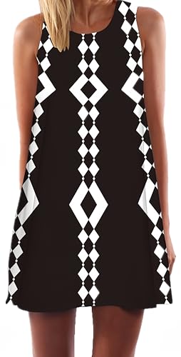 Ocean Plus Damen Ärmelloses Minikleid Digitaldruck Strandkleid Sommerkleid Tank Tops Rundhals Kurz A-Line Hemdkleid Blusekleid (S (EU 34-36), Schwarze und weiße Rautenlinien) von Ocean Plus