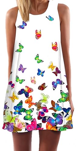 Ocean Plus Damen Ärmelloses Minikleid Digitaldruck Strandkleid Sommerkleid Tank Tops Rundhals Kurz A-Line Hemdkleid Blusekleid (XL (EU 40-42), Bunte Schmetterlinge auf Weiß) von Ocean Plus