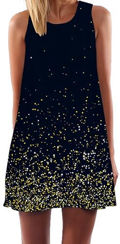 Ocean Plus Damen Ärmelloses Minikleid Digitaldruck Strandkleid Sommerkleid Tank Tops Rundhals Kurz A-Line Hemdkleid Blusekleid (XL (EU 40-42), Punkte) von Ocean Plus