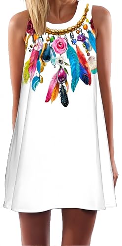 Ocean Plus Damen Sommer Mini Ärmellos Bunt Tops Kleider Pfau Strandkleider Kurz A-Linie Kleid Ohne Arm Feizeitkleid (XXL (EU 42-44), Federanhänger) von Ocean Plus