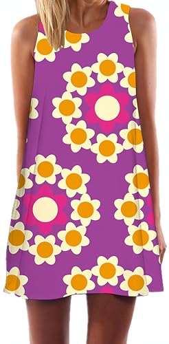Ocean Plus Damen Ärmelloses Minikleid Digitaldruck Strandkleid Sommerkleid Tank Tops Rundhals Kurz A-Line Hemdkleid Blusekleid (XXL (EU 42-44), Lila Blumen) von Ocean Plus
