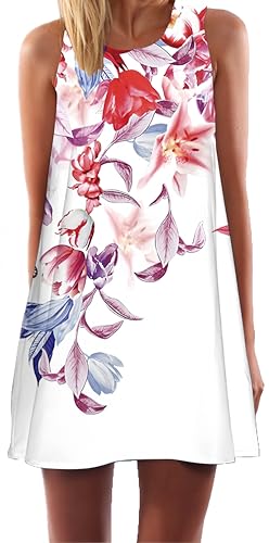 Ocean Plus Damen Ärmelloses Minikleid Digitaldruck Strandkleid Sommerkleid Tank Tops Rundhals Kurz A-Line Hemdkleid Blusekleid (XXL (EU 42-44), Lilie) von Ocean Plus