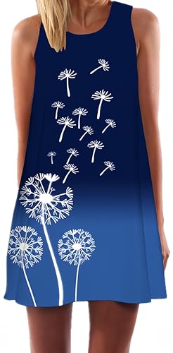 Ocean Plus Damen Ärmelloses Minikleid Digitaldruck Strandkleid Sommerkleid Tank Tops Rundhals Kurz A-Line Hemdkleid Blusekleid (XXL (EU 42-44), Löwenzahn) von Ocean Plus