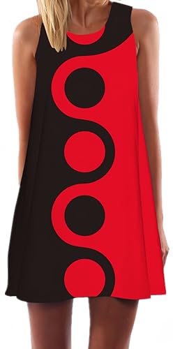 Ocean Plus Damen Ärmelloses Minikleid Digitaldruck Strandkleid Sommerkleid Tank Tops Rundhals Kurz A-Line Hemdkleid Blusekleid (XXL (EU 42-44), Schwarze und rote Punkte) von Ocean Plus
