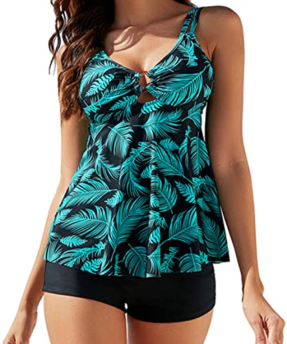 Ocean Plus Damen Blumendruck Tankini mit Shorts Große Größe Konservativ Bauch Abdeckung Zweiteiligen Badeanzug (L (EU 38-40), Grüne Blätter) von Ocean Plus