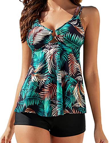 Ocean Plus Damen Badeanzug mit Blumendruck Tankini mit Shorts Große Größe Konservativ Badeanzug Set Bauch Abdeckung Zweiteiligen Badeanzug (M (EU 36-38), Blätter) von Ocean Plus