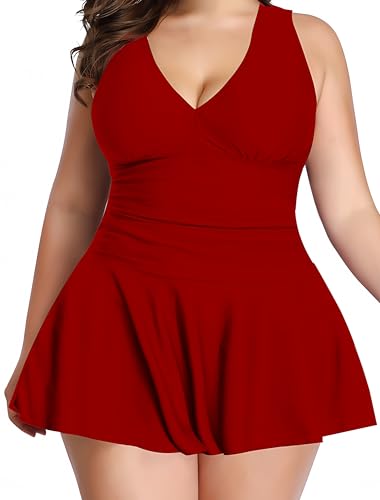 Ocean Plus Damen Badekleid mit Badeshorts Figurformender Große Größe Badeanzug mit Trägern Rückenfrei Konservative Bedruckte Rock Bademode mit Boxer (4XL (EU 46-48), Rot) von Ocean Plus