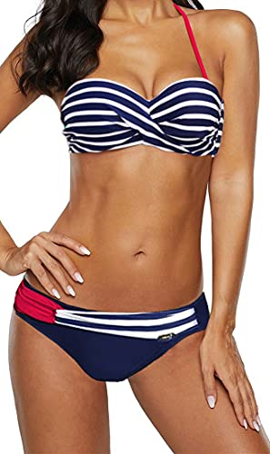 Ocean Plus Damen Bandeau Padded Bikini-Set Trägerlose Mehrfarbig Streifen Bademode Push Up Neckholder Strandmode (L (EU 38-40), Dunkelblaue Streifen) von Ocean Plus