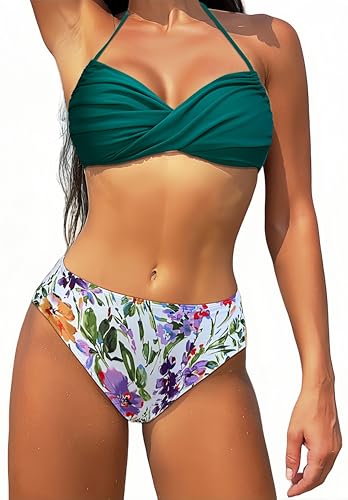 Ocean Plus Damen Bandeau Padded Bikini-Set Trägerlose Mehrfarbig Streifen Bademode Push Up Neckholder Strandmode (L (EU 38-40), Dunkelgrüne Blumen) von Ocean Plus