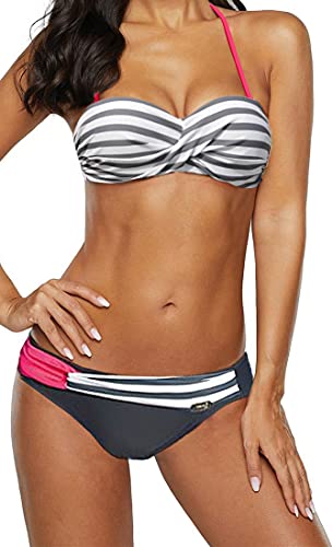 Ocean Plus Damen Bandeau Padded Bikini-Set Trägerlose Mehrfarbig Streifen Bademode Push Up Neckholder Strandmode (XL (EU 40-42), Graue Streifen) von Ocean Plus