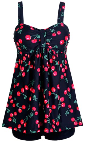 Ocean Plus Damen Blumendruck Tankini mit Shorts Große Größe Konservativ Bauch Abdeckung Zweiteiligen Badeanzug (XL (EU 40-42), Kirschen) von Ocean Plus