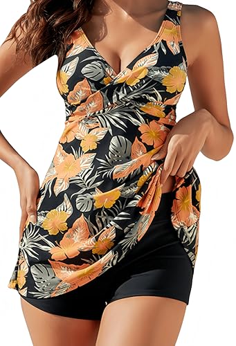Ocean Plus Damen Blumendruck Tankini mit Shorts Große Größe Konservativ Bauch Abdeckung Zweiteiligen Badeanzug (XXL (EU 42-44), Rock Orangenblüten) von Ocean Plus