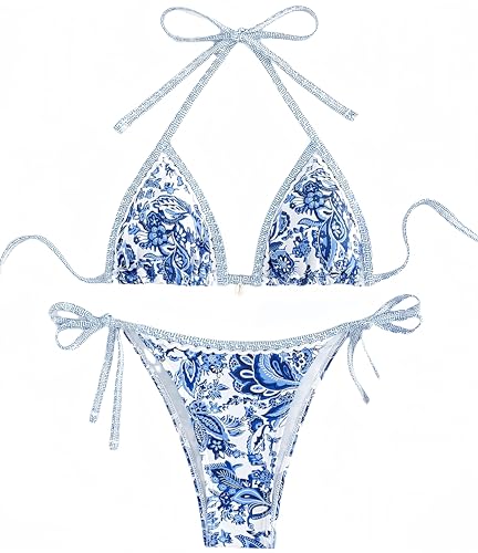 Ocean Plus Damen V-Ausschnitt Geblümt Triangel Bikini-Set mit Bügel Spaghetti Bademode Bandeau Slips mit Tunnelzug (L (EU 36-38), Dunkelblaue Blumen) von Ocean Plus