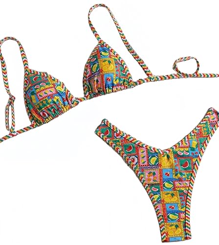 Ocean Plus Damen V-Ausschnitt Geblümt Triangel Bikini-Set mit Bügel Spaghetti Bademode Bandeau Slips mit Tunnelzug (L (EU 36-38), Farbige Karierte Früchte) von Ocean Plus
