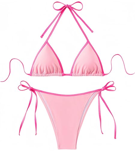 Ocean Plus Damen V-Ausschnitt Geblümt Triangel Bikini-Set mit Bügel Spaghetti Bademode Bandeau Slips mit Tunnelzug (L (EU 36-38), Pink) von Ocean Plus