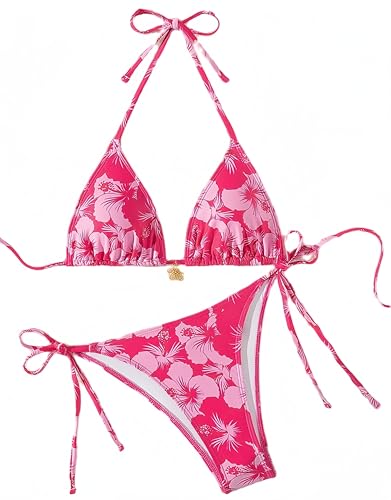 Ocean Plus Damen V-Ausschnitt Geblümt Triangel Bikini-Set mit Bügel Spaghetti Bademode Bandeau Slips mit Tunnelzug (L (EU 36-38), Rose rote Kirschblüten) von Ocean Plus