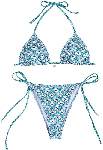 Ocean Plus Damen V-Ausschnitt Geblümt Triangel Bikini-Set mit Bügel Spaghetti Bademode Bandeau Slips mit Tunnelzug (M (EU 34-36), Blau-grünes Muster) von Ocean Plus