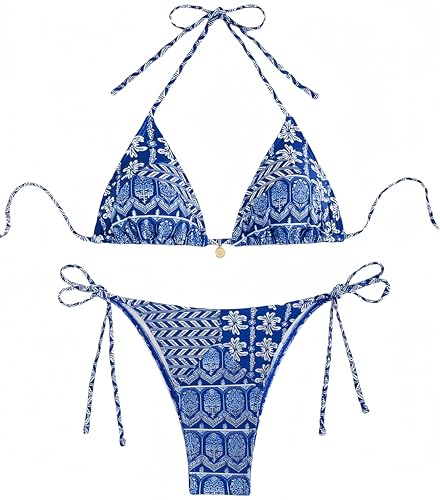 Ocean Plus Damen V-Ausschnitt Geblümt Triangel Bikini-Set mit Bügel Spaghetti Bademode Bandeau Slips mit Tunnelzug (M (EU 34-36), Königsblaues Muster) von Ocean Plus