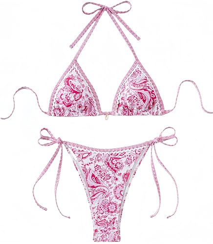 Ocean Plus Damen V-Ausschnitt Geblümt Triangel Bikini-Set mit Bügel Spaghetti Bademode Bandeau Slips mit Tunnelzug (M (EU 34-36), Rosa Blumen) von Ocean Plus