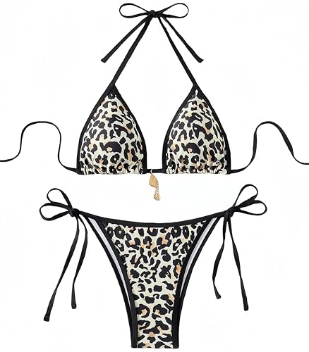 Ocean Plus Damen V-Ausschnitt Geblümt Triangel Bikini-Set mit Bügel Spaghetti Bademode Bandeau Slips mit Tunnelzug (M (EU 34-36), Schwarzer Panther-Print) von Ocean Plus