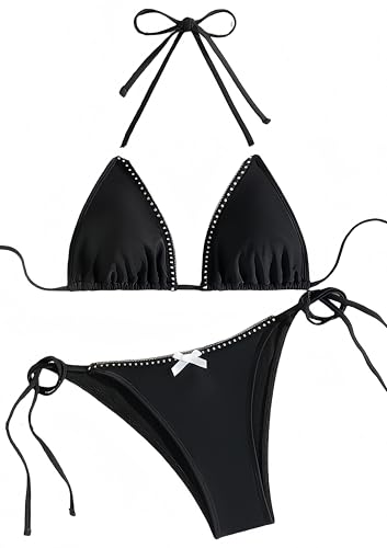 Ocean Plus Damen Boho Triangel Bikini-Set mit Bügel Bademode Bandeau Slips mit Kordelzug (M (EU 34-36), Weiße Spitze schwarz) von Ocean Plus