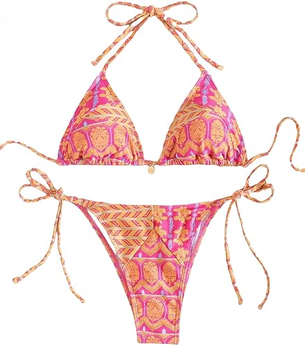 Ocean Plus Damen V-Ausschnitt Geblümt Triangel Bikini-Set mit Bügel Spaghetti Bademode Bandeau Slips mit Tunnelzug (S (EU 32-34), Rosenrotes Muster) von Ocean Plus