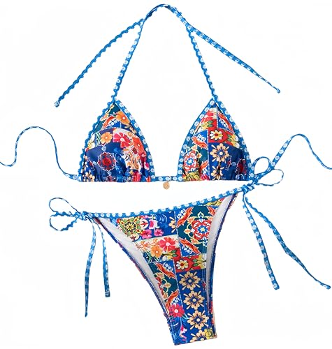 Ocean Plus Damen V-Ausschnitt Geblümt Triangel Bikini-Set mit Bügel Spaghetti Bademode Bandeau Slips mit Tunnelzug (XS (EU 30-32), Dunkelblaue und rote Blüten) von Ocean Plus
