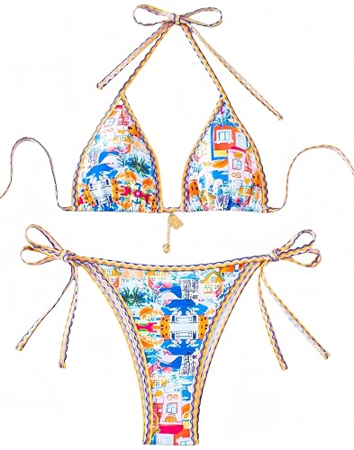 Ocean Plus Damen V-Ausschnitt Geblümt Triangel Bikini-Set mit Bügel Spaghetti Bademode Bandeau Slips mit Tunnelzug (XS (EU 30-32), Farbmalerei) von Ocean Plus