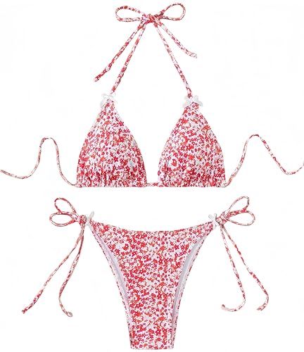 Ocean Plus Damen V-Ausschnitt Geblümt Triangel Bikini-Set mit Bügel Spaghetti Bademode Bandeau Slips mit Tunnelzug (XS (EU 30-32), Kleine rote Blumen) von Ocean Plus