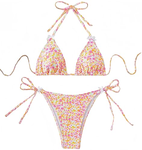 Ocean Plus Damen V-Ausschnitt Geblümt Triangel Bikini-Set mit Bügel Spaghetti Bademode Bandeau Slips mit Tunnelzug (XS (EU 30-32), Orange Sterne) von Ocean Plus