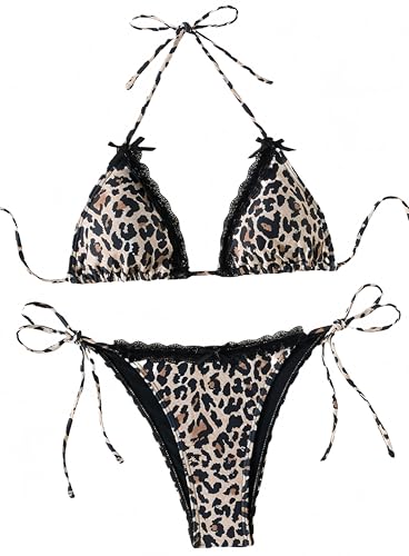 Ocean Plus Damen V-Ausschnitt Geblümt Triangel Bikini-Set mit Bügel Spaghetti Bademode Bandeau Slips mit Tunnelzug (XS (EU 30-32), Spitzen-Leopardenmuster) von Ocean Plus