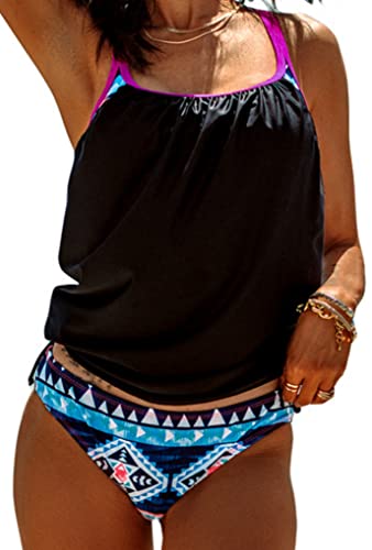 Ocean Plus Damen Bunt Padded Netz Tankini mit Slips Bikini-Set Streifen Neckholder Zweiteilig Swimwear Beachwear (XXL (EU 42-44), Schwarze Geometrie) von Ocean Plus