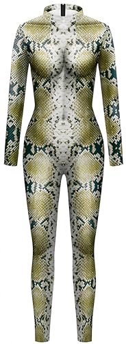 Ocean Plus Damen Bunter Skelettdruck Halloween Jumpsuit Langarm Bodysuit Wehnachten Overall Bühnenkostüm (L, Schlange) von Ocean Plus