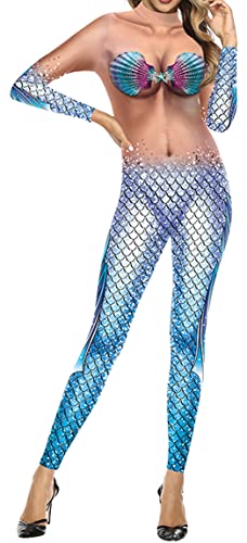 Ocean Plus Damen Bunter Skelettdruck Halloween Jumpsuit Langarm Bodysuit Wehnachten Overall Bühnenkostüm (M, Blaue Meerjungfrau) von Ocean Plus