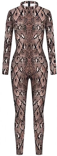 Ocean Plus Damen Bunter Skelettdruck Halloween Jumpsuit Langarm Bodysuit Wehnachten Overall Bühnenkostüm (M, Python-Muster) von Ocean Plus