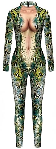 Ocean Plus Damen Bunter Skelettdruck Halloween Jumpsuit Langarm Bodysuit Wehnachten Overall Bühnenkostüm (S, Grüne Python) von Ocean Plus