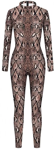 Ocean Plus Damen Bunter Skelettdruck Halloween Jumpsuit Langarm Bodysuit Wehnachten Overall Bühnenkostüm (XL, Python-Muster) von Ocean Plus