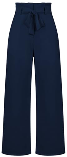Ocean Plus Damen Businesshose Weite Beinhose mit Gürtel Schleife Pendlerhose (L, Marineblau) von Ocean Plus
