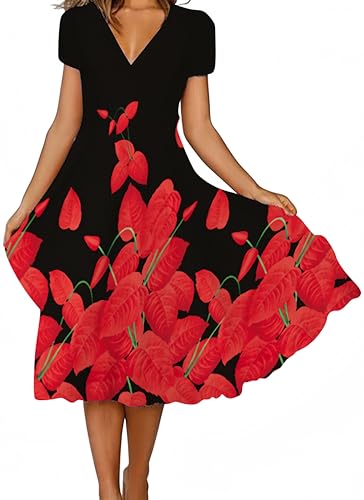 Ocean Plus Damen Casual Kurzärmeliges Kleid mit V-Ausschnitt und Großem Saum Blumen Knielang Bedruckter Rock (3XL, Rote Blüten) von Ocean Plus